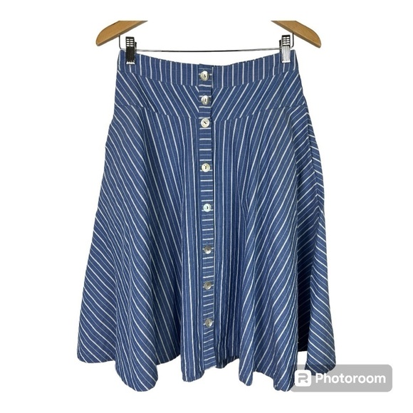 Caroll Paris Blue and White Stripe Cotton Full Skirt Button Front Sz 38 (US 6/8) - Picture 1 of 10